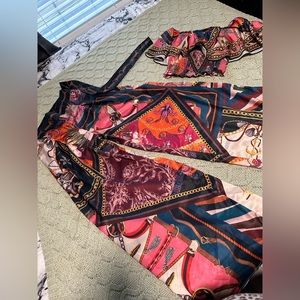 Akira 2 piece silky wide leg/off shoulders shirt
